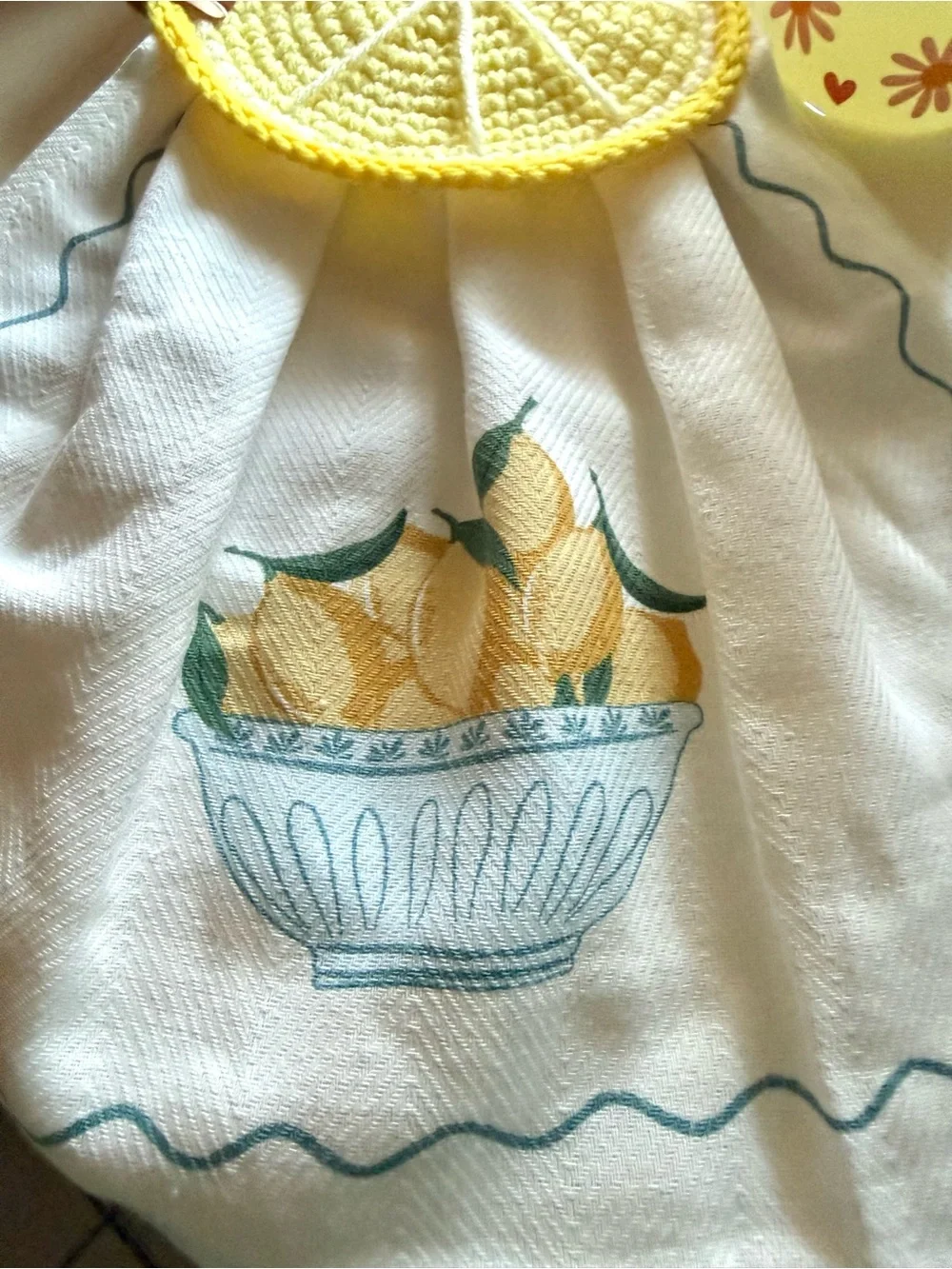 Handmade Yellow Lemon Hanging Kitchen Hand Towel with Crochet Top